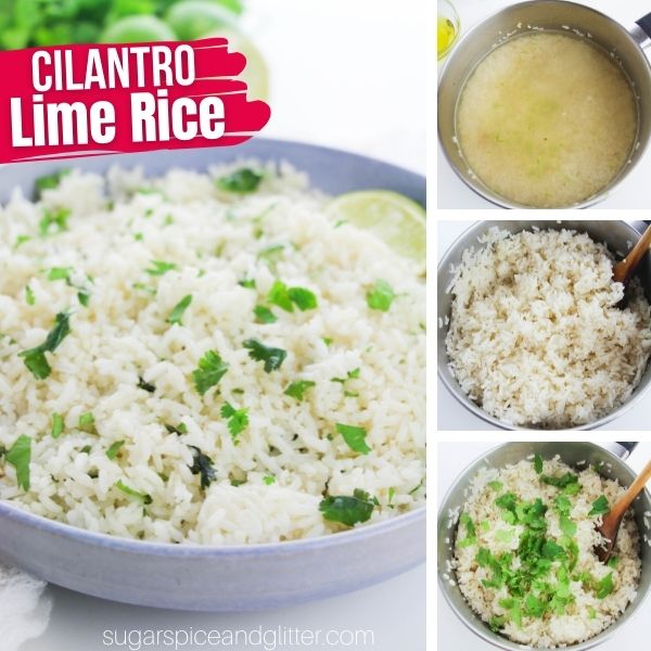 composite image of a light blue bowl filled with cilantro lime rice, along with three images showing how to make the recipe