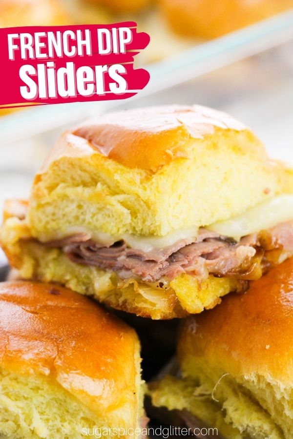 How to make buttery, flavorful French Dip Sliders with tender roast beef, melted cheese and caramelized onions. This amazing sandwich casserole is the perfect party recipe or a fun family night treat