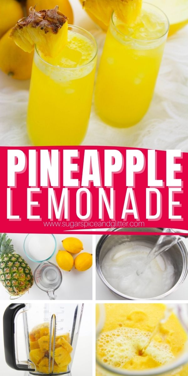 The ultimate summer drink - Pineapple Lemonade is a refreshing tangy, tart and sweet treat with a tropical twist! The perfect summer beverage to serve at a BBQ or enjoy with a book pool-side.