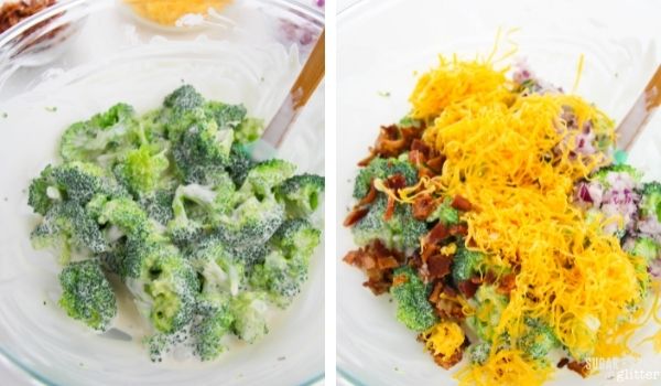 in-process images showing how to make broccoli salad