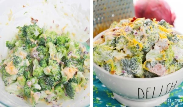in-process images showing how to make broccoli salad