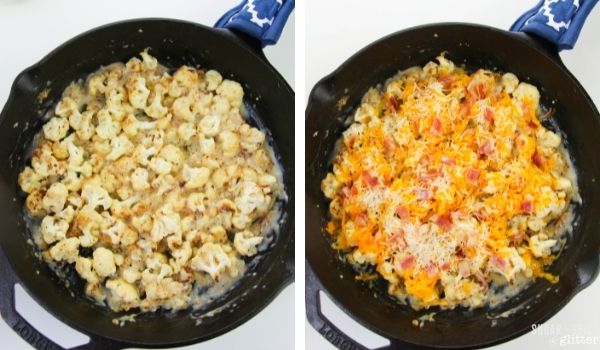 in-process images of how to make cheesy cauliflower bake