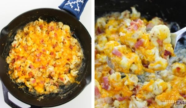 in-process images of how to make cheesy cauliflower bake
