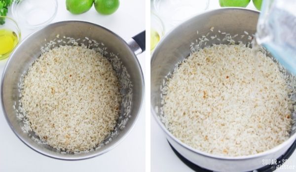 in-process images showing how to make cilantro lime rice