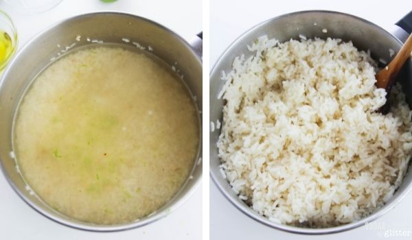 in-process images showing how to make cilantro lime rice