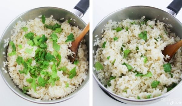 in-process images showing how to make cilantro lime rice