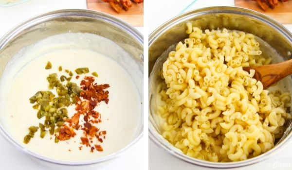 in-process images of how to make jalapeno popper mac and cheese