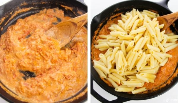 in-process images of how to make penne alla vodka