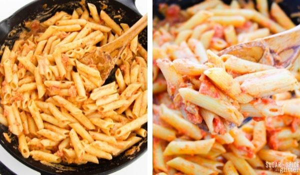 in-process images of how to make penne alla vodka