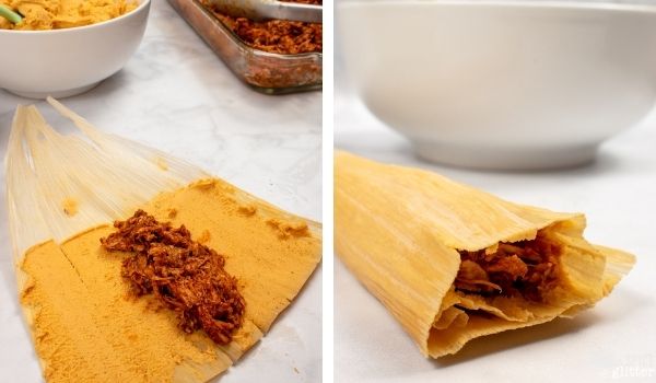 in-process images of how to make pork tamales