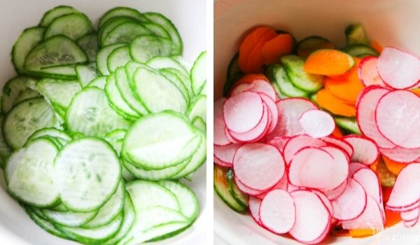 in-process images of how to make a carrot, cucumber, radish salad