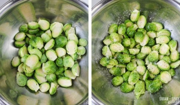in-process images of how to make roasted Brussels sprouts