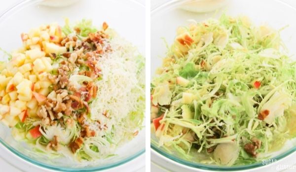 in-process images for how to make shaved brussels sprouts salad