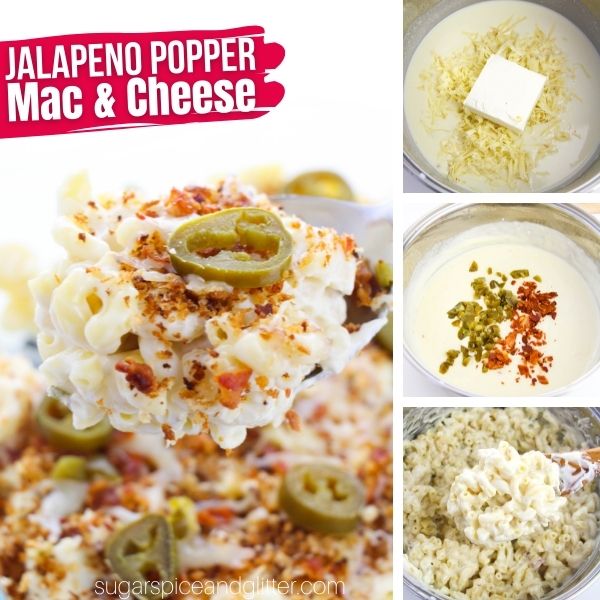 composite image of a large scoop of jalapeno popper mac and cheese along with three in-process images of how to make it
