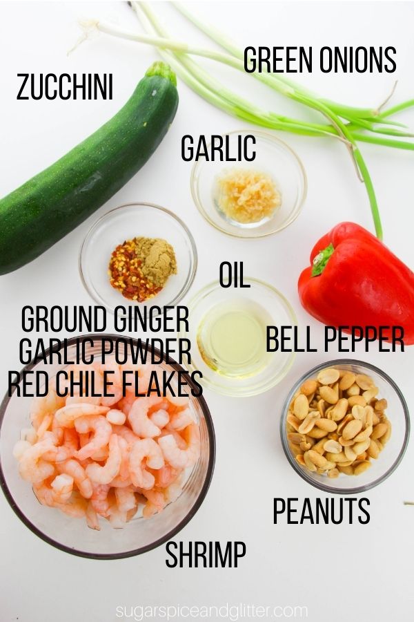 labeled ingredient image showing what is needed to make Kung Pao Shrimp
