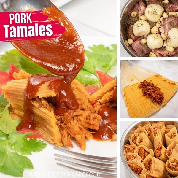 composite image showing a pork tamal and three images showing the process of making the recipe