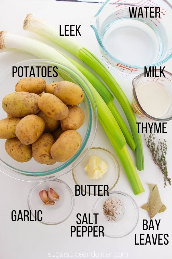 labeled image showing ingredients needed to make potato leek soup