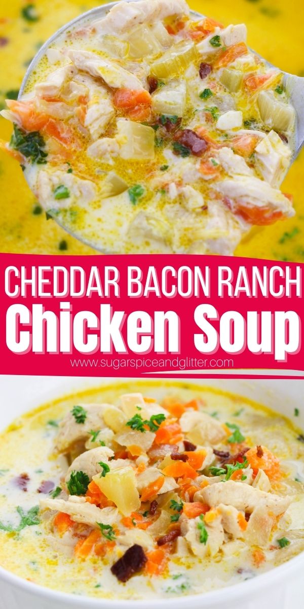 Loaded with filling, flavorful ingredients from aromatic vegetables to tender, juicy chicken and plenty of bacon, cheese and ranch seasoning, today's Cheddar Bacon Ranch Chicken Soup recipe is sure to become a family favorite!