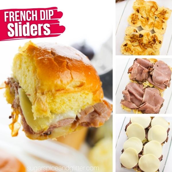 composite image of a French dip slider on a serving spatula along with three in-process images of how to make French dip sliders