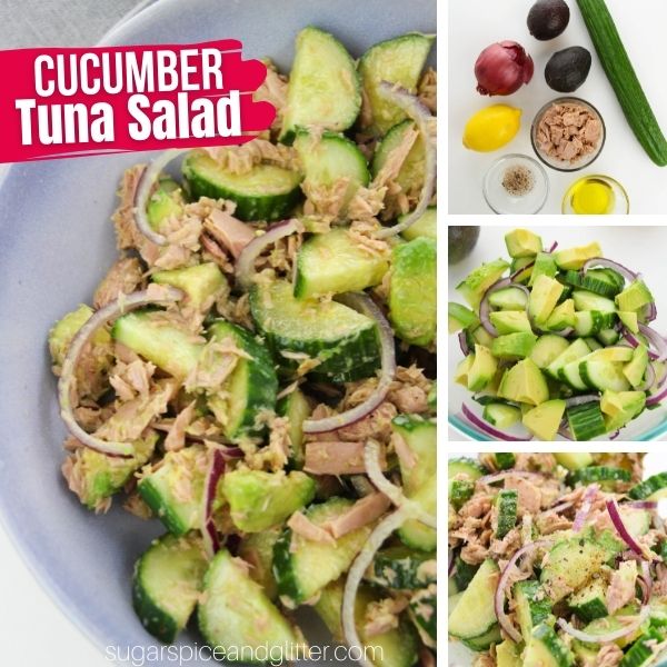 composite image of a large blue bowl full of cucumber tuna salad along with three in-process images of how to make it