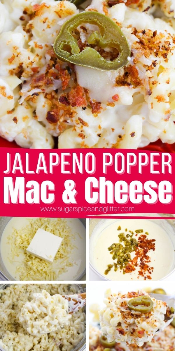 The perfect mash-up of jalapeño poppers and mac and cheese, today's Baked Jalapeño Popper Mac and Cheese is a lusciously cheesy white mac and cheese with hints of spicy jalapeños, smoky bacon and tangy cream cheese, finished off with a buttery, crunchy breadcrumb topping.