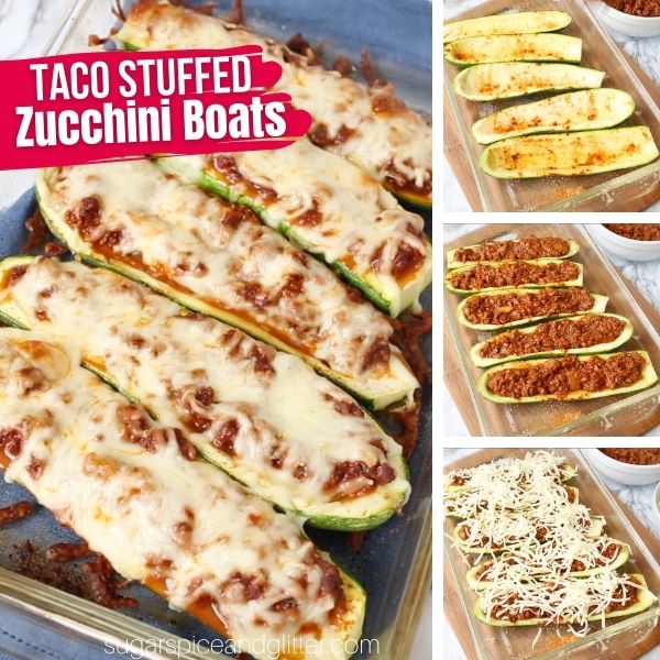 composite image of a glass casserole dish filled with baked taco-stuffed zucchini boats, along with three images showing how to make the recipe