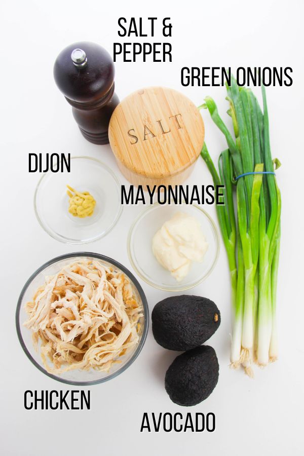 labeled ingredient image of what is needed to make avocado chicken salad
