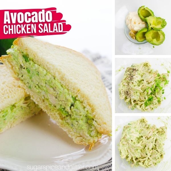composite image of a sliced avocado chicken sandwich on a white plate, along with three images showing how to make the recipe