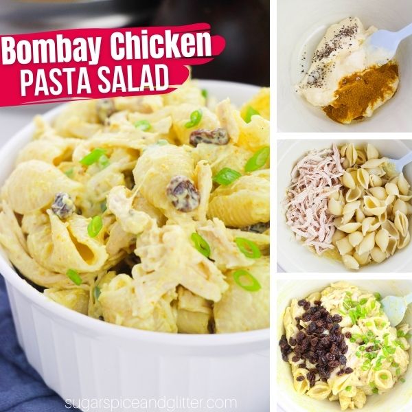 composite image of a white bowl filled with Bombay chicken pasta salad set on a blue napkin, along with three images showing how to make the recipe