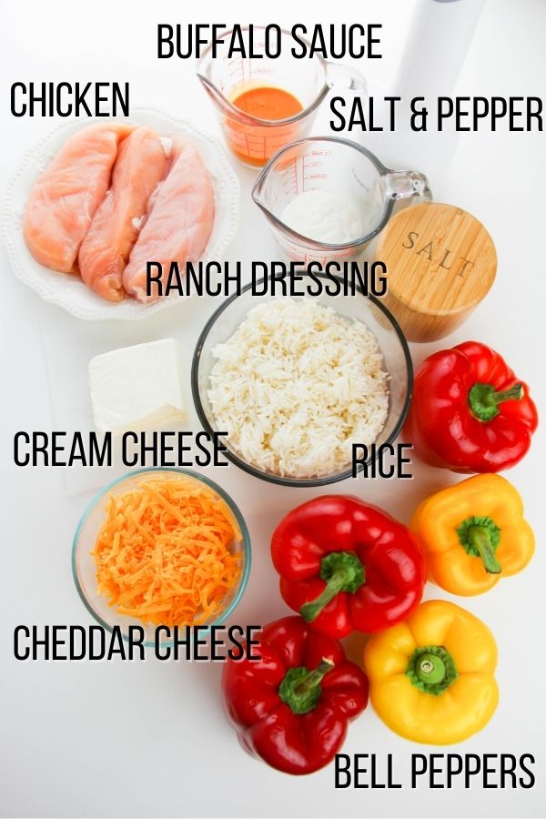 labeled ingredient image of what is needed to make buffalo chicken stuffed peppers