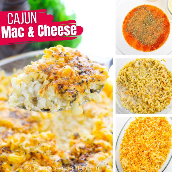 composite image of a spoonful of baked Cajun mac and cheese plus three in-process images of how to make it