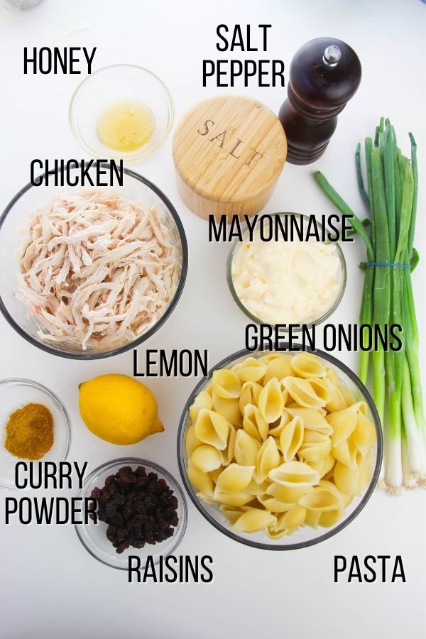 labeled ingredient image showing what is needed to make coronation chicken pasta salad