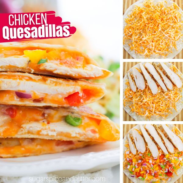 composite image of a stack of chicken quesadillas alongside three in-process images of how to make them