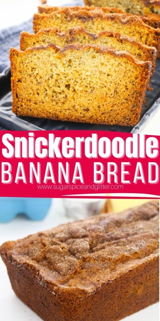 Soft, tender banana bread topped with a crackly cinnamon sugar crust. This easy Snickerdoodle Banana Bread recipe is perfect for using up overripe bananas and is a great recipe to make with the kids - whether you enjoy it for breakfast, as an afternoon treat or tuck it into lunchboxes. It also makes a thoughtful homemade gift.