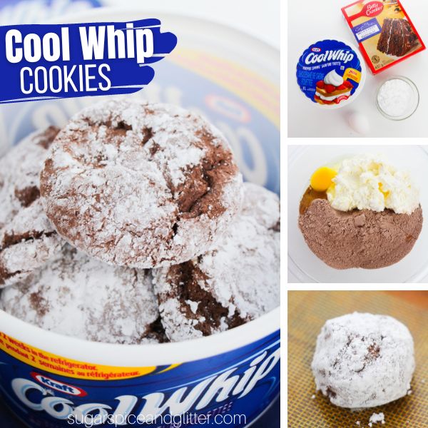 composite image of cool whip cookies in a container along with three images of how to make the recipe