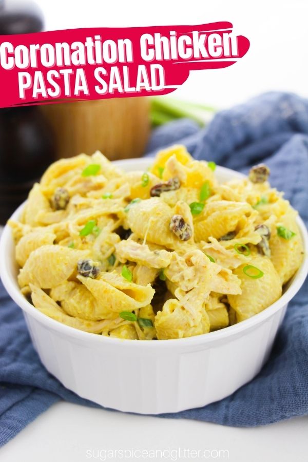 Bombay Chicken Salad, aka, Coronation Chicken Pasta Salad, features tender chicken and soft pasta coated in a curry-and-honey-kissed dressing that is savory, sweet, tangy, earthy and rich, with pops of juicy, sweet raisins and a gentle bite from green onions