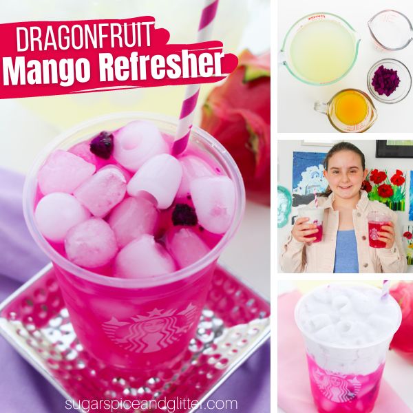 composite image of a Starbucks cup filled with ice and pink dragonfruit lemonade, along with an image of the ingredients needed to make it, a child holding up two versions of the drink, and an image of the drink topped with coconut milk