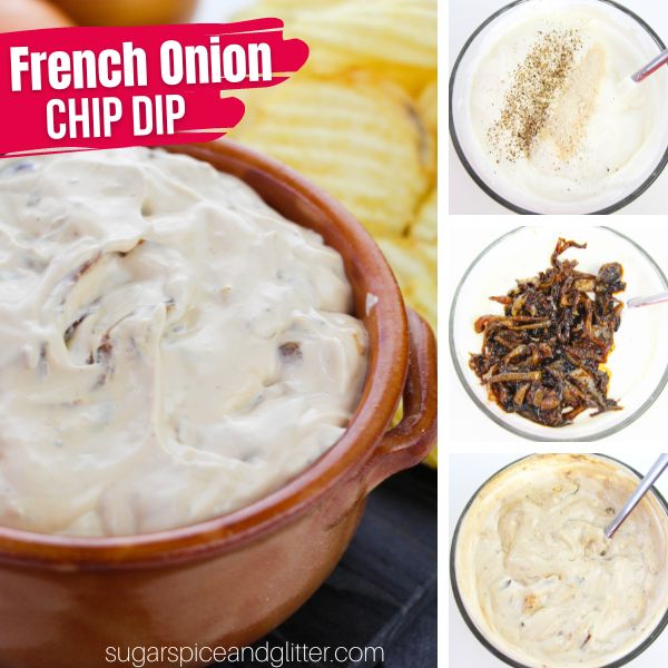 composite image of French onion dip in a terracotta bowl along with three in-process images of how to make French onion dip