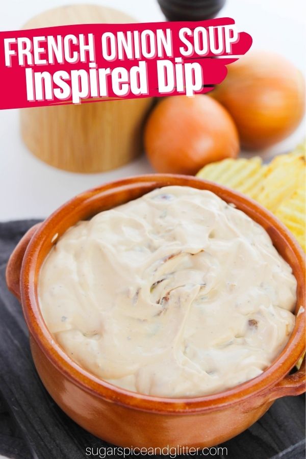 A decadent French onion dip featuring caramelized onions, this easy dip is perfect for everything from chips to veggies
