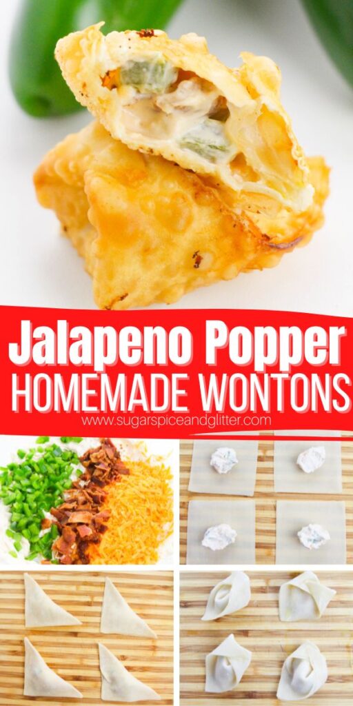 The perfect appetizer for game day or a special movie night, these Jalapeno Popper Wontons pack all of the flavor of jalapeno poppers in a crispy little wonton package. Super easy to make and they turn out great every time! Instructions for baking and airfrying included.