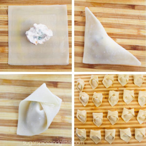 composite image showing the steps of folding a wonton