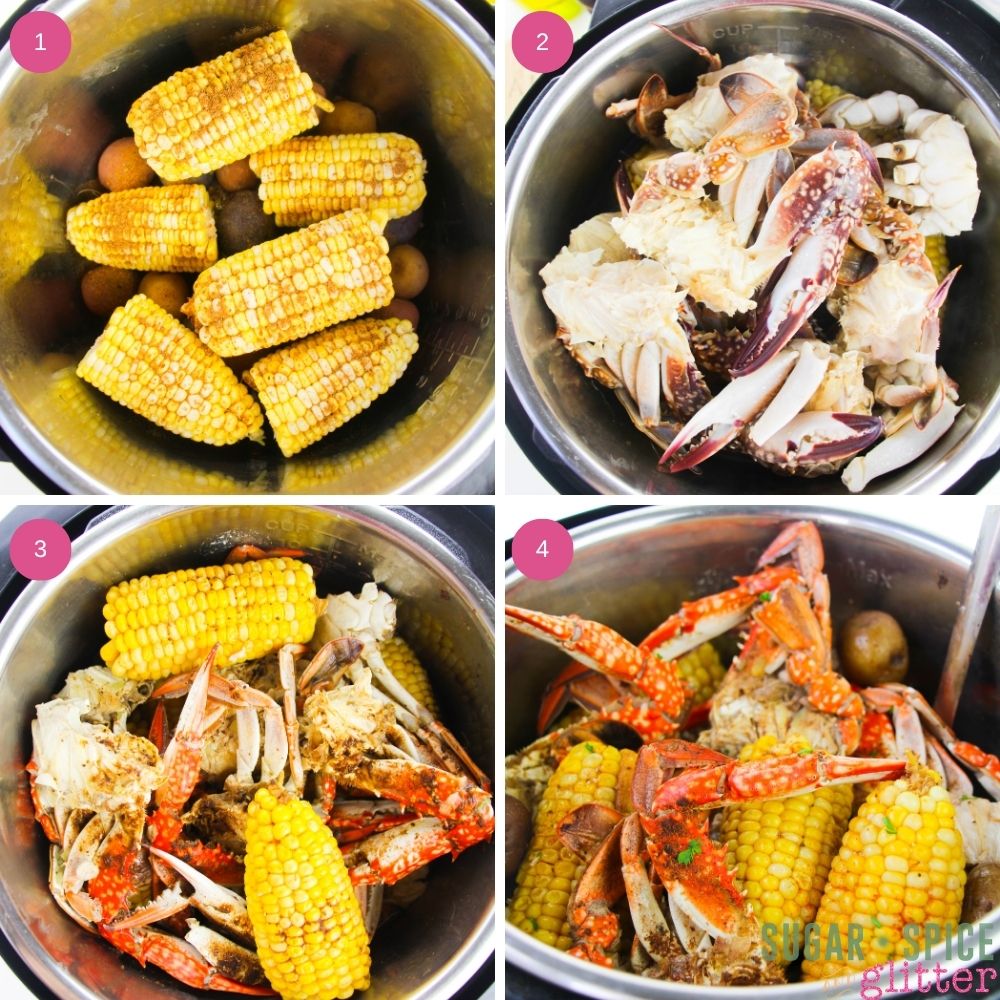 composite image of in-process images of how to make a instant pot crab boil