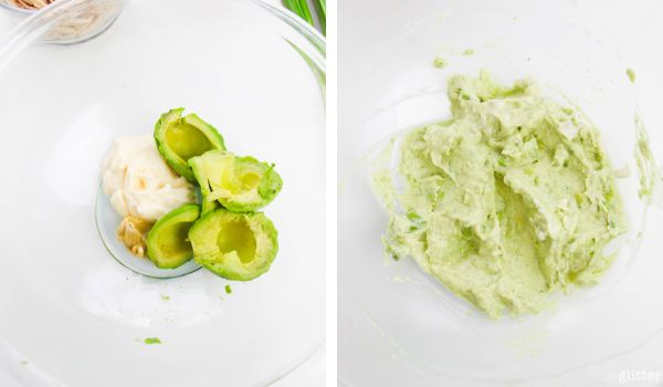 in-process images showing how to make avocado chicken salad