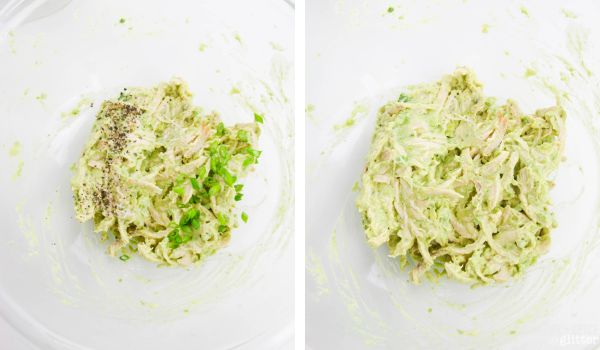 in-process images showing how to make avocado chicken salad