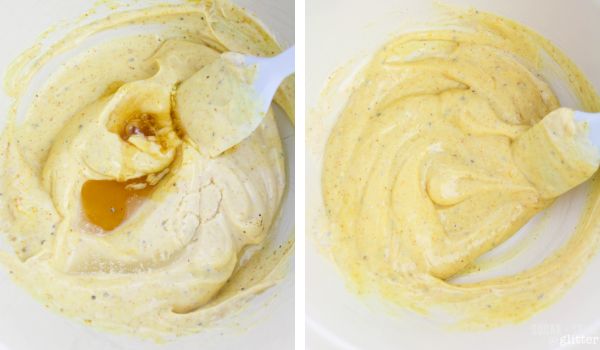 in-process images showing how to make Bombay chicken pasta salad