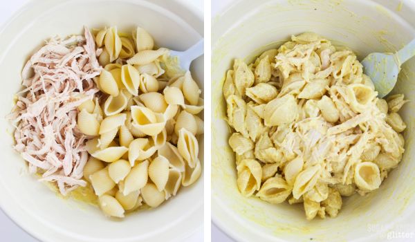in-process images showing how to make Bombay chicken pasta salad