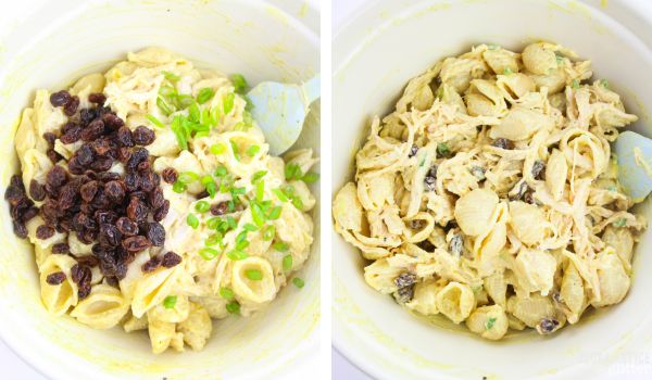 in-process images showing how to make Bombay chicken pasta salad