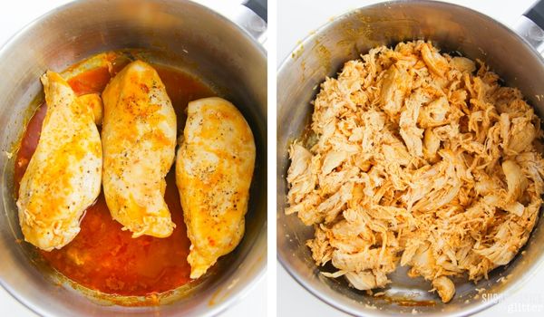 in-process images of how to make buffalo chicken stuffed peppers