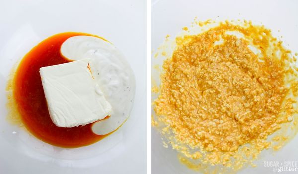 in-process images of how to make buffalo chicken stuffed peppers
