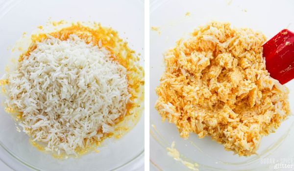 in-process images of how to make buffalo chicken stuffed peppers